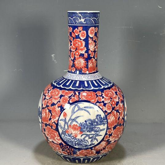 清康熙烏金釉本金手描き松鶴延年天球瓶 景徳鎮 陶磁器 装飾品現代工芸品美術品置物 elegant-club_a032-16973