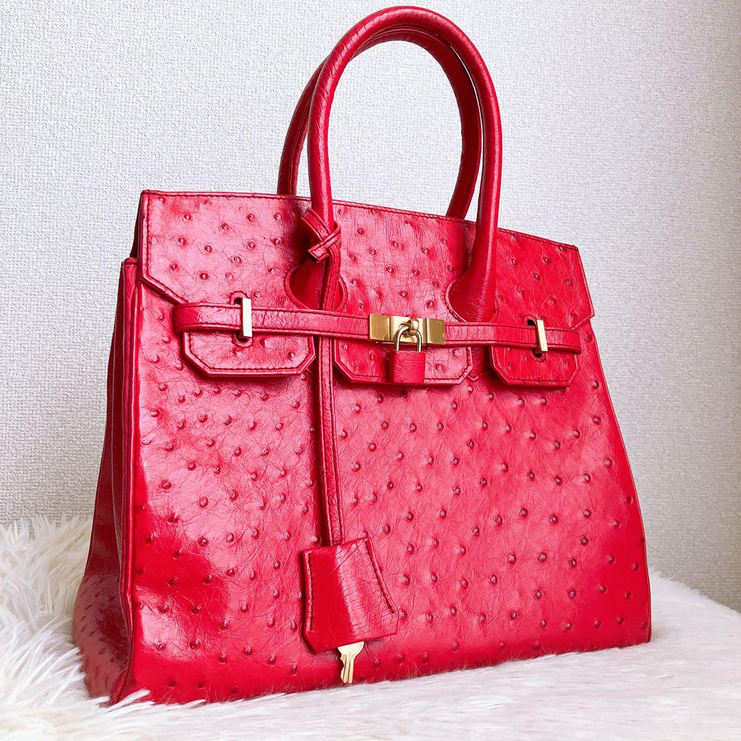 Ostrich✨️オーストリッチ革 ハンドバッグ レッド クロシェット