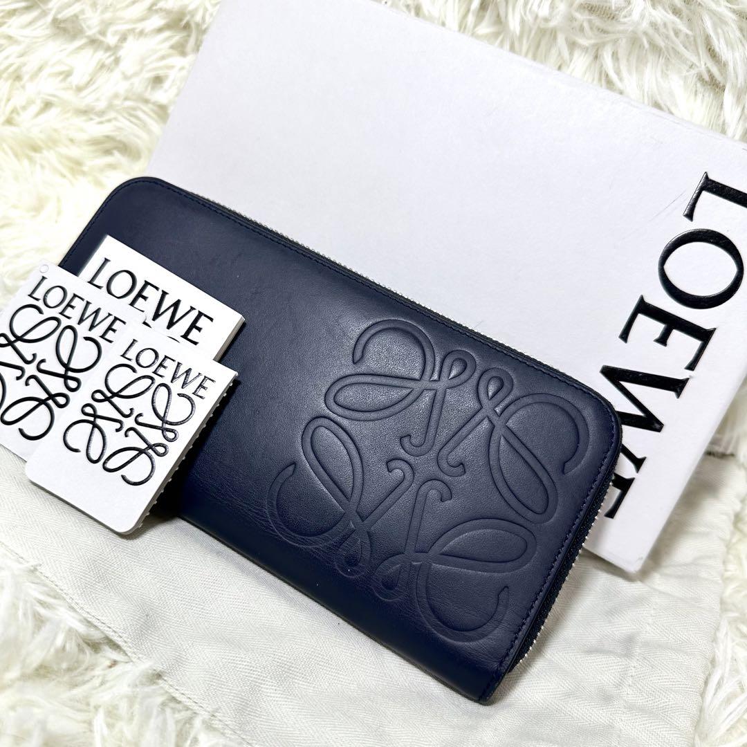 現行 美品 LOEWE オープンウォレットアナグラム カーフレザーブルーネイビー 現行 美品 LOEWE オープンウォレットアナグラム カーフレザー