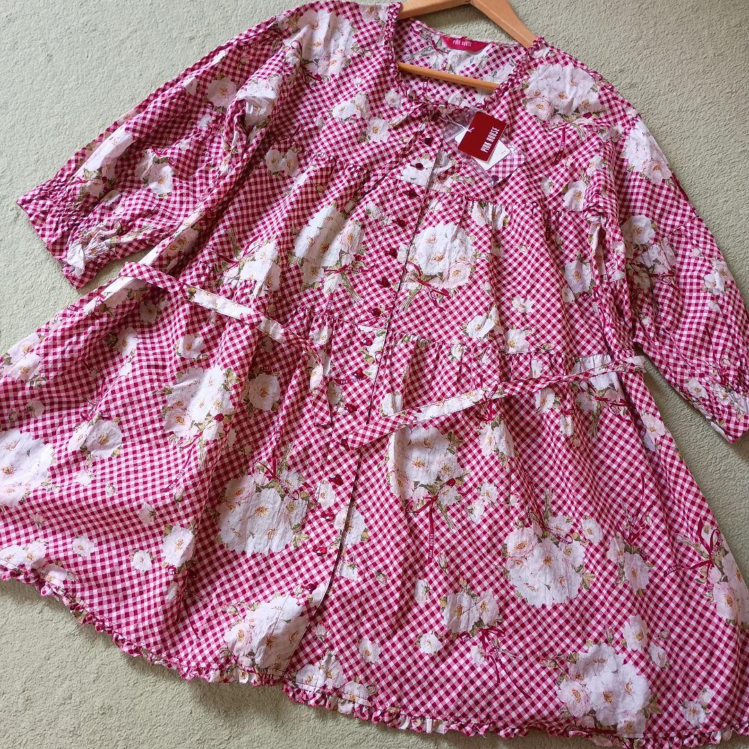 即発送　ピンクハウス　ギンガム　チェック　ブーケ　チュニック 新品 PINKHOUSE ギンガムチェック 野ばらブーケ チュニック