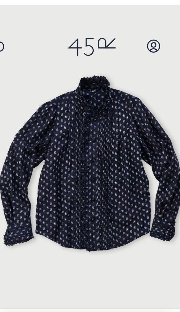 インディゴ平勿忘草プリントのフリルブラウス （sosotto
