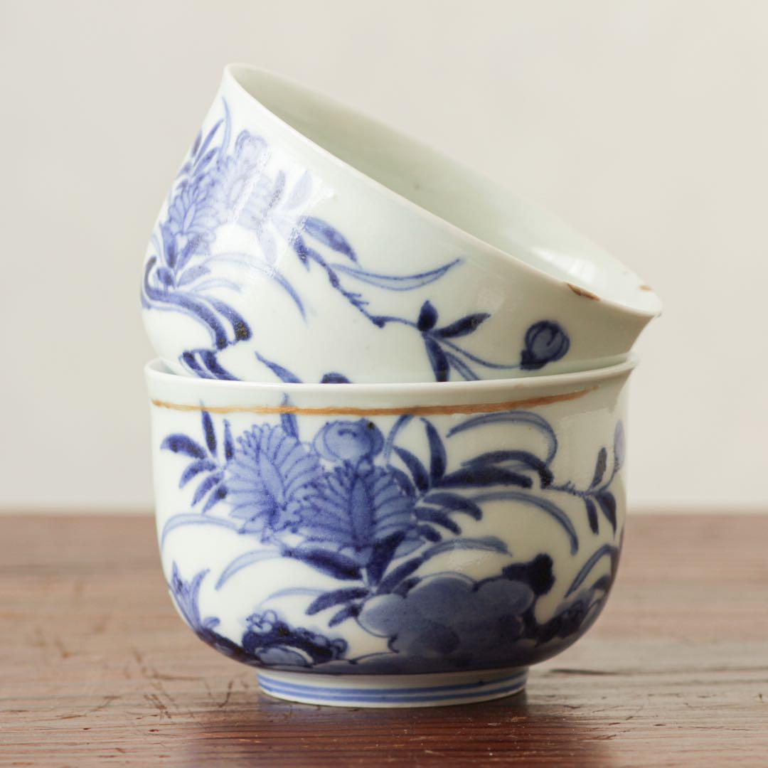 古伊万里 伊万里 江戸 中期 茶器 煎茶碗 染付 向付 2客セット 金