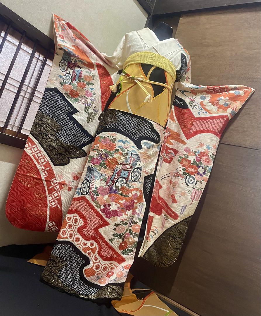 振袖フルセット5点サイズM〜L送料込み19800円御所車金駒刺繍絞り美品 振袖フルセット5点サイズM〜L送料込み19800円御所車金駒刺繍絞り