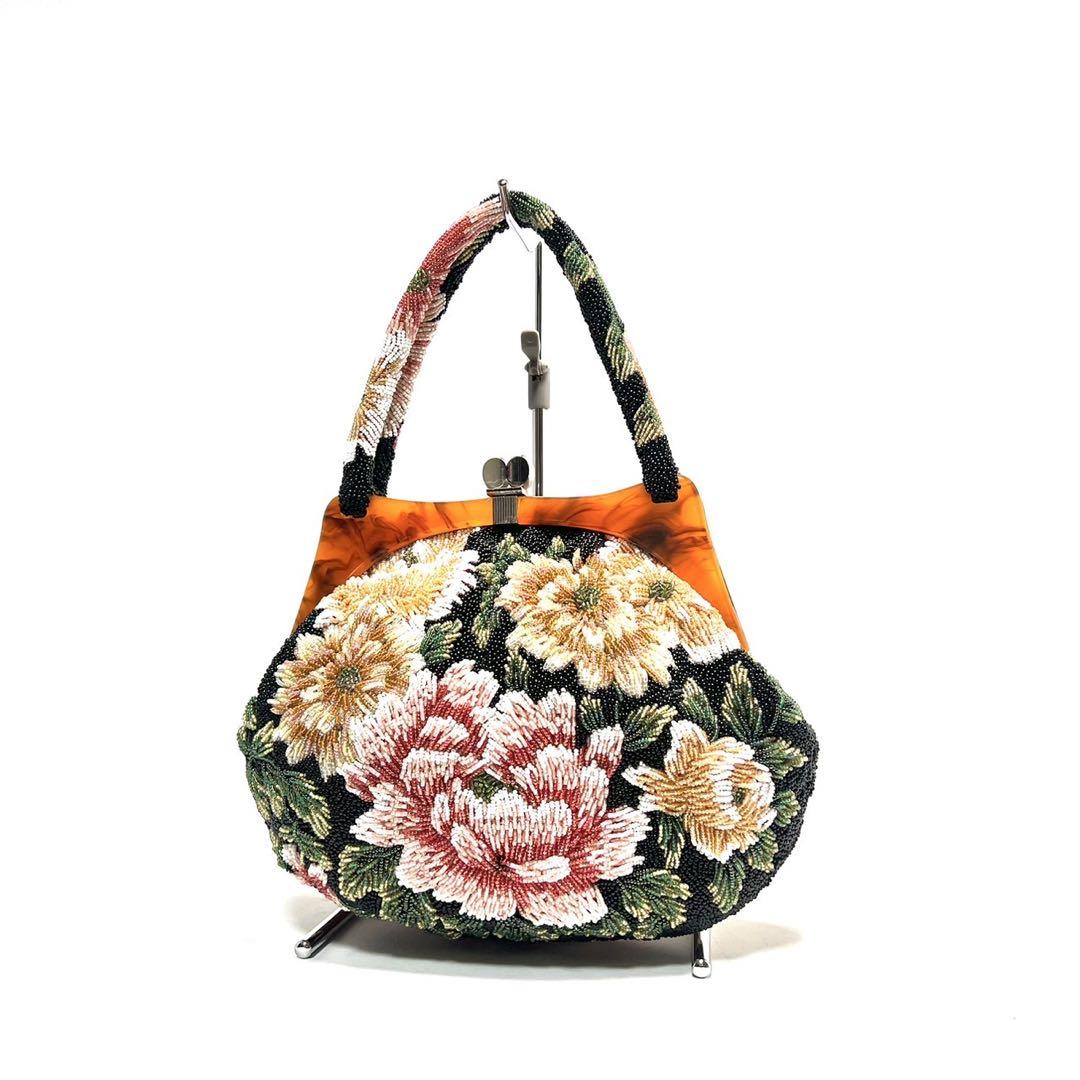 【美品】ビンテージ　総ビーズ　花柄　ハンドバッグ　和装　ビジュー 総ビーズ ハンドバッグ ショルダー レア 着物 ビーズ 花 バッグ