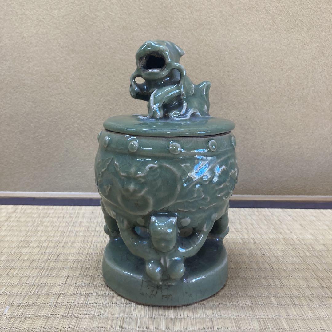 香炉 中国骨董 青磁 唐子 （中国 清時代 古銅製 龍紋 香炉 古