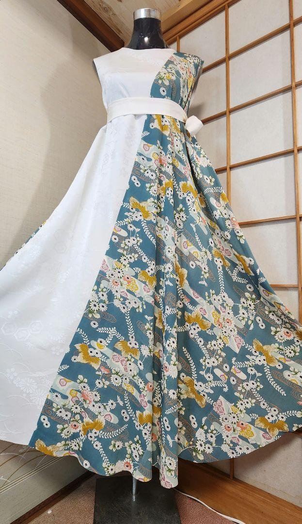 正絹 振り袖 孔雀柄 ウエストリボン付きタック入りワンピース♪着物リメイク 正絹 付け下げ ウエストリボン付きタック入りワンピース 着物