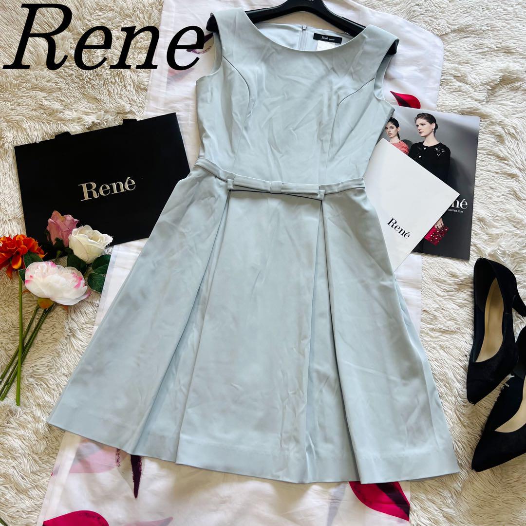 良品】Rene 膝丈フレアワンピース ライトブルー 34 ノースリーブ