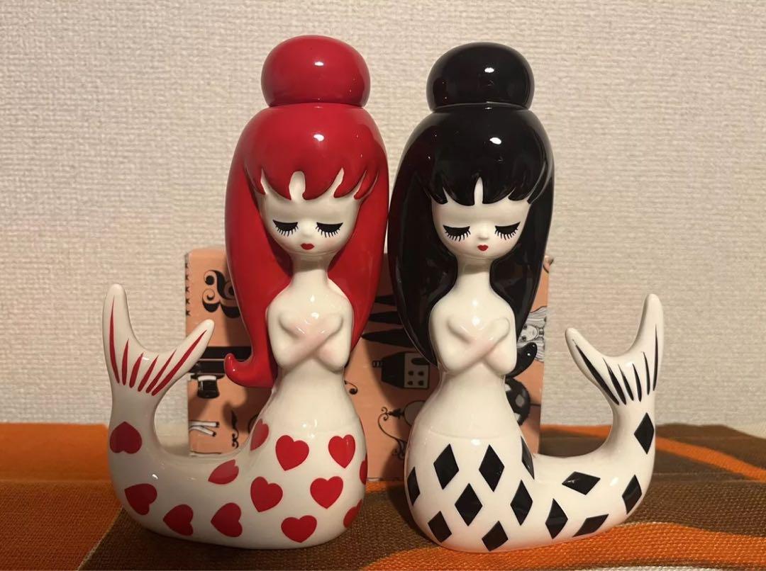 レア！ 内藤ルネ 人魚 マーメイド 陶器 一輪挿し 赤黒セット
