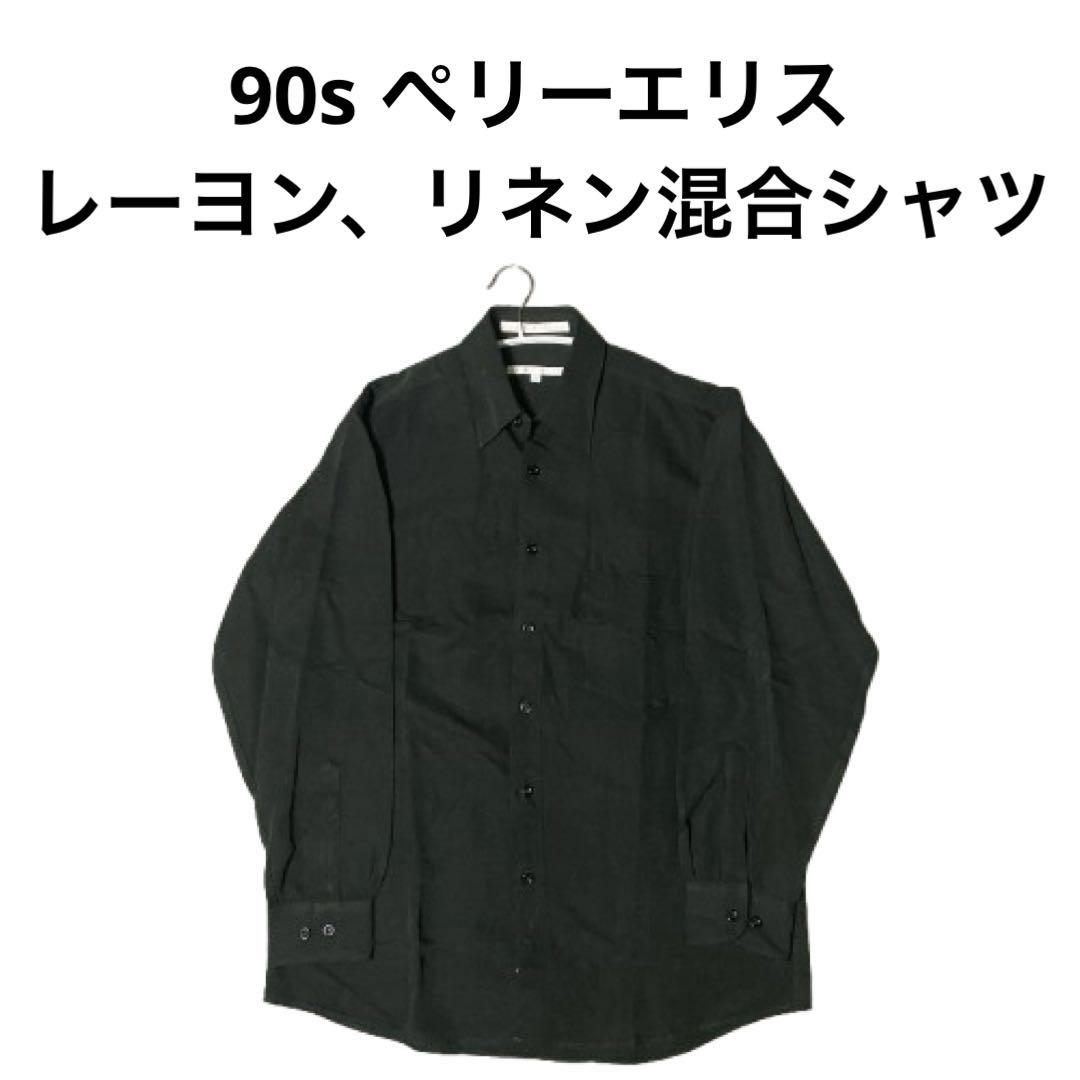 ペリーエリス 半袖リネンシャツ ブラック XL 古着 PERRY ELLIS ペリーエリス 総柄 半袖 オープンカラーシャツ