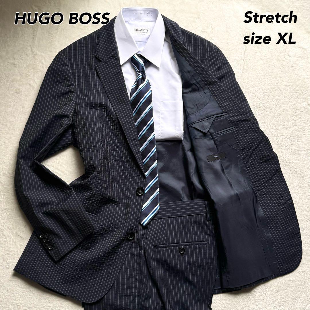 【極美品】HUGO BOSS セットアップ　シアサッカネイビー ストライプ 46 美品✨XXL相当 HUGO BOSS スーツ セットアップ ストライプ