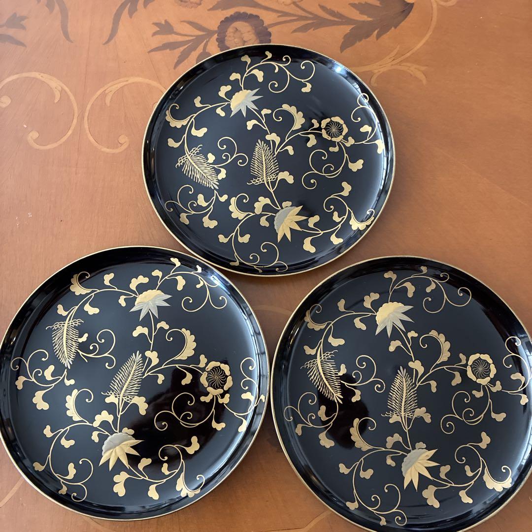 明治期 漆器 黒色 金色模様 3枚 （江戸〜明治 豪華! 大名物 金