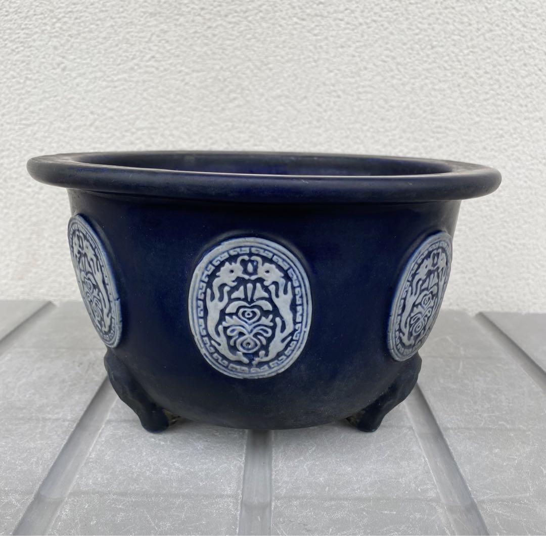 瀬戸　瑠璃釉貼付葵文　植木鉢　骨董　美品 尾張焼瑠璃釉貼花紋丸 | 雨竹亭オンラインショップ