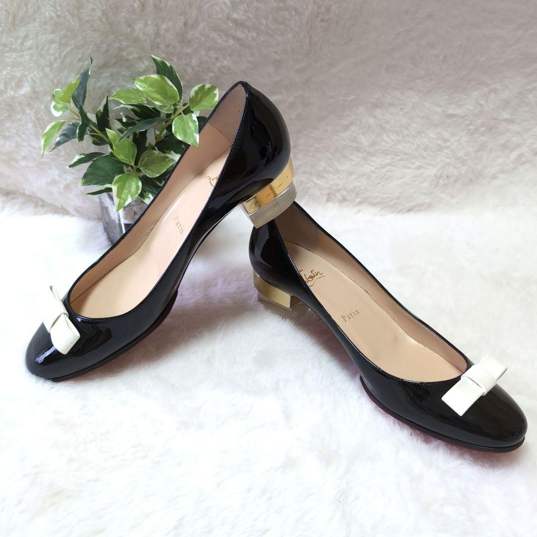 ✧美品【クリスチャンルブタン】パテントリボンパンプス　黒白金 ✧美品【クリスチャンルブタン】パテントリボンパンプス 黒白金