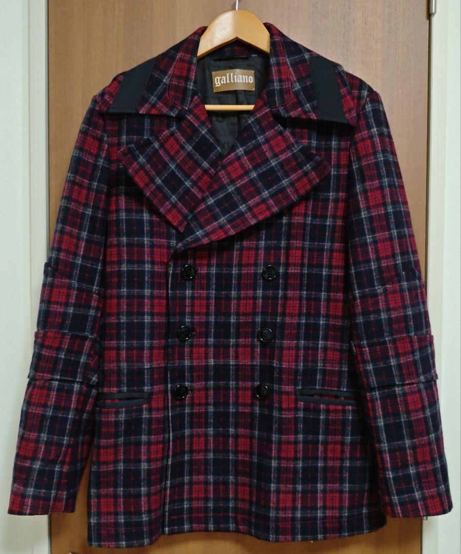galliano チェスターコート L 赤黒チェック コート メンズ 春 春服 スプリングコート チェスターコート