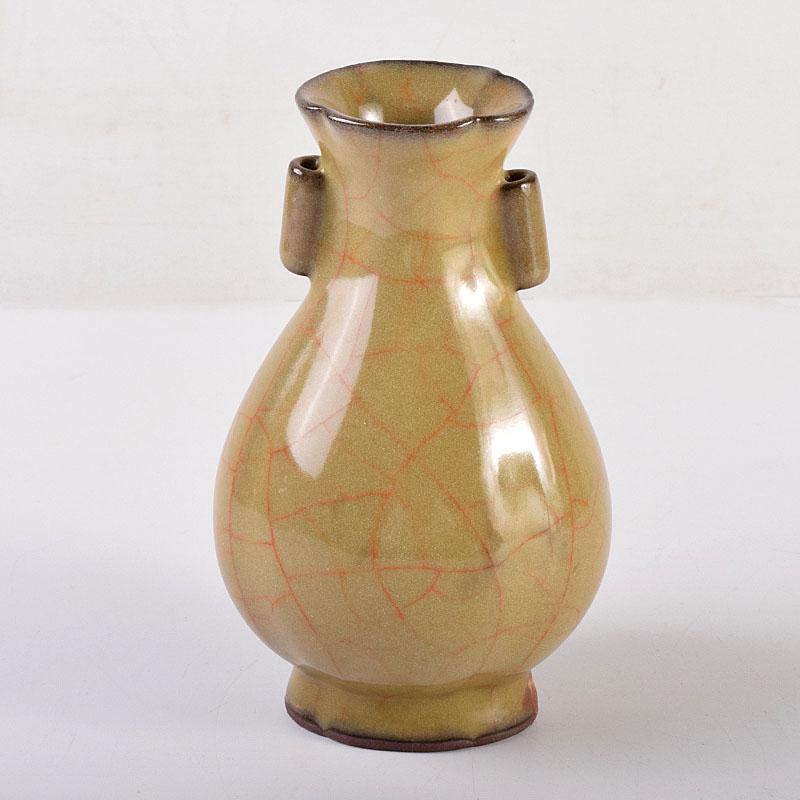 中国 哥窯 青磁 金絲鉄線 氷裂文双耳瓶 C 6910 （訳あり福袋