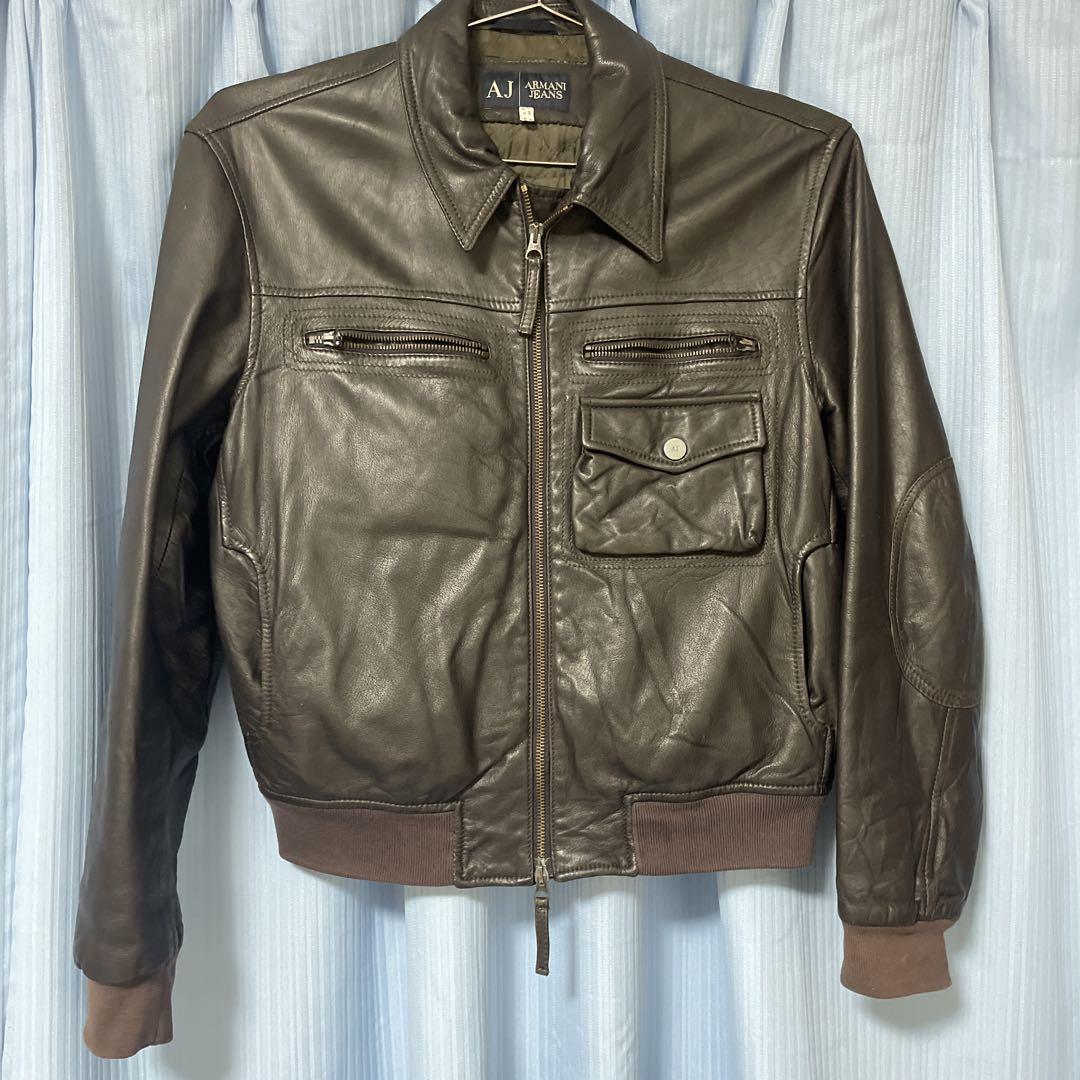 【最終価格】ARMANI JEANS ブラウン レザージャケット　アーカイブ アルマーニジーンズ 48ブラウンレザー ジャケット（90's】Old