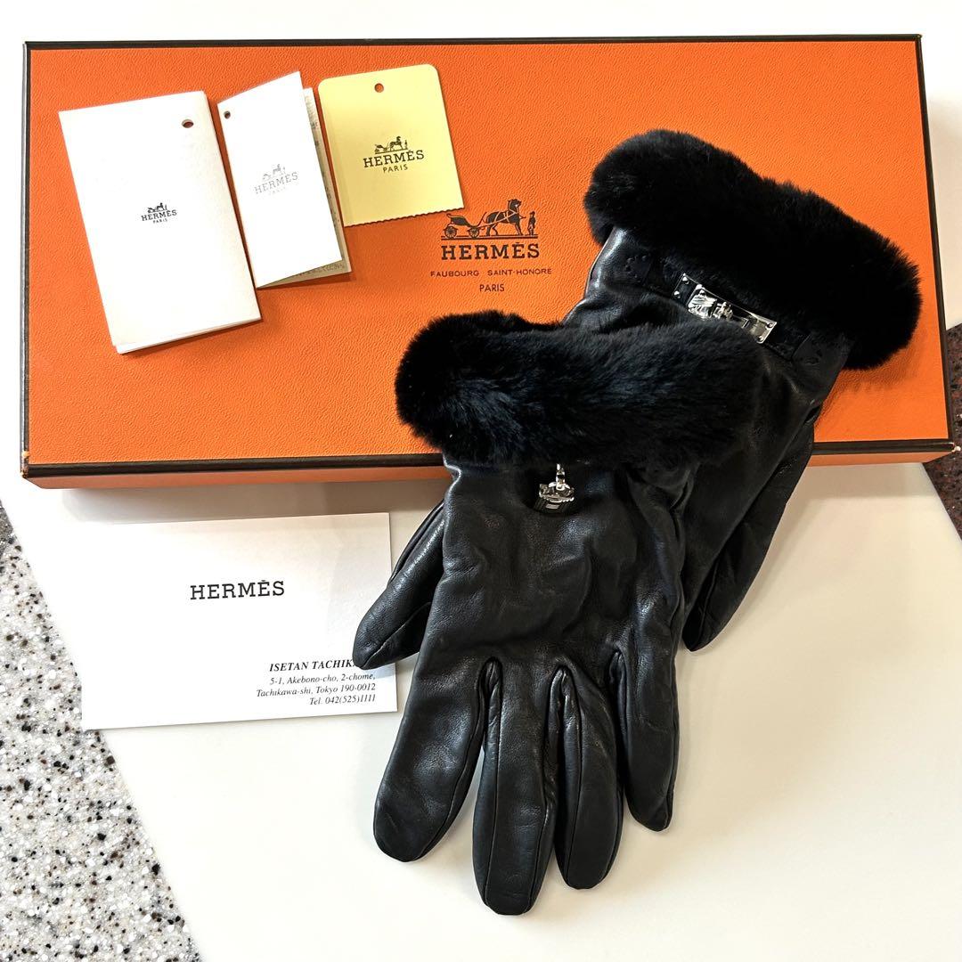 美品 HERMES ミンク ケリー ラムスキン 黒 グローブ 手袋 エルメス 美品 HERMES ラムスキン ミンクファー ケリー 手袋 グローブ