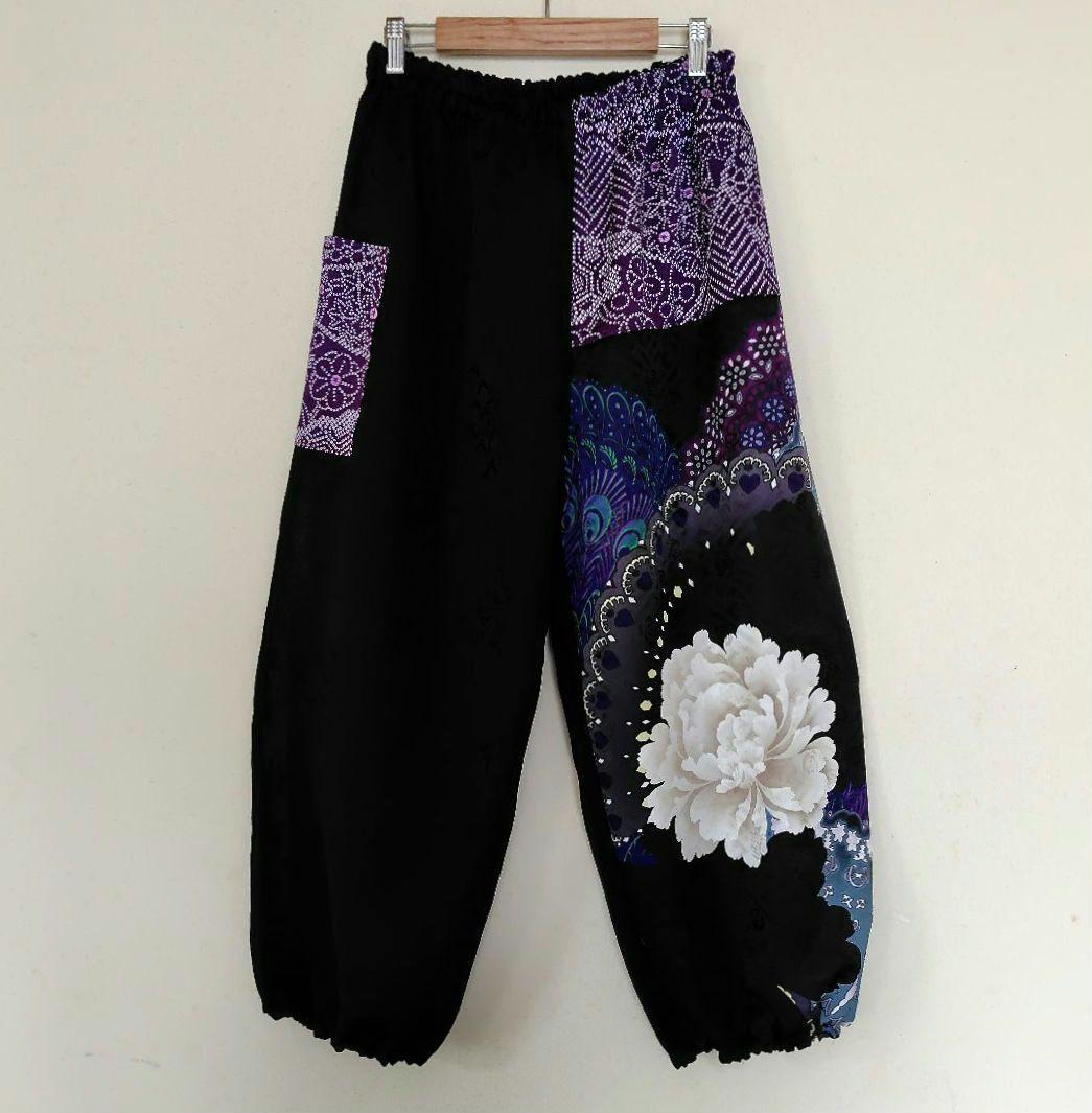 着物もんぺパンツ【結】黒留袖 ハンドメイド 正絹 絞り 着物もんぺパンツ【結】黒留袖 ハンドメイド 正絹 絞り