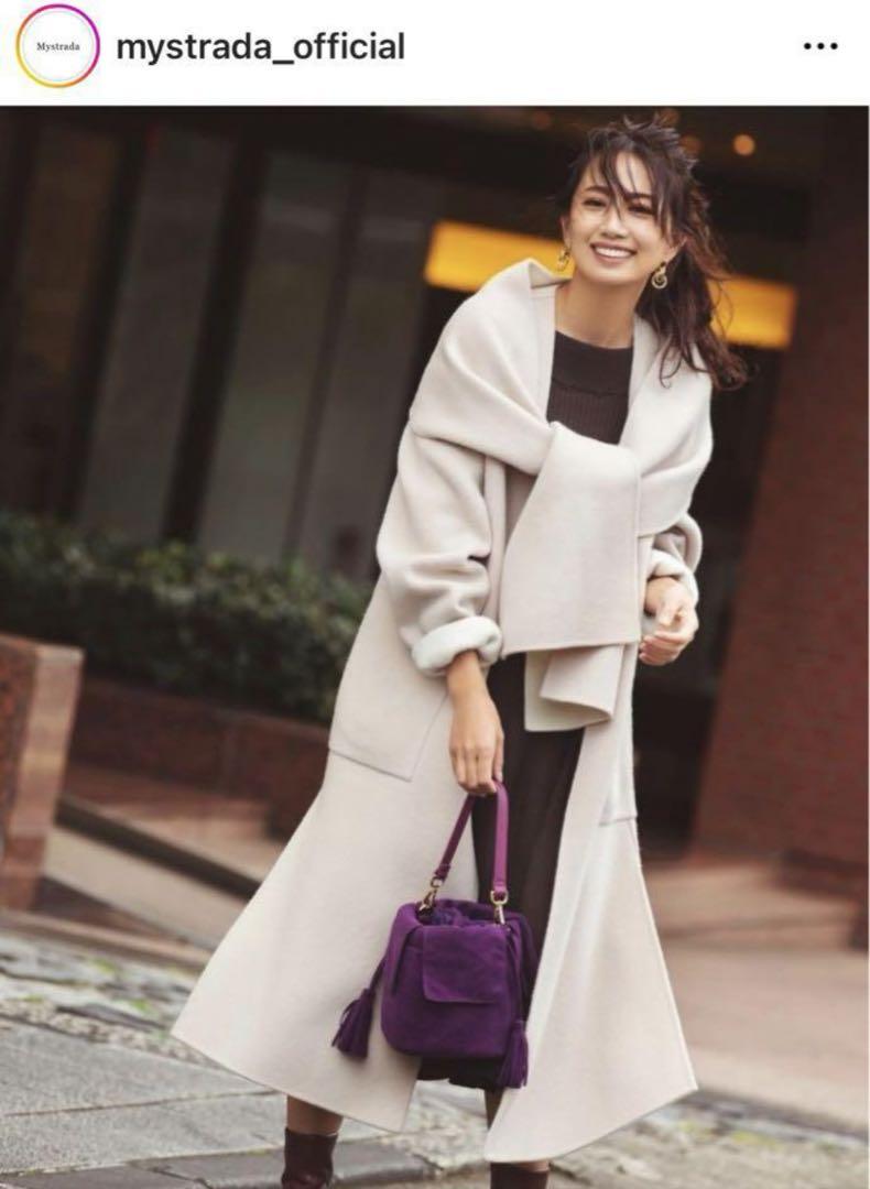 美品Mystradaマイストラーダノーカラーリバーコートマフラー付きMアイボリー Mystrada♡ストール付リバーコート （Mystrada - 新品タグ付き