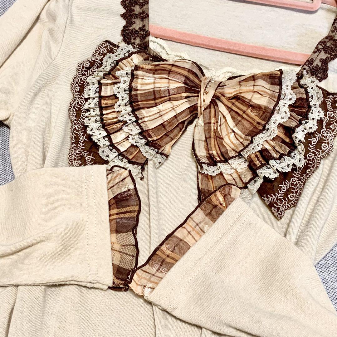 axes femme ビッグリボン　チェック　カットソー　長袖　生成り　姫ギャル axes femme ビッグリボン チェック カットソー 長袖 生成り 姫