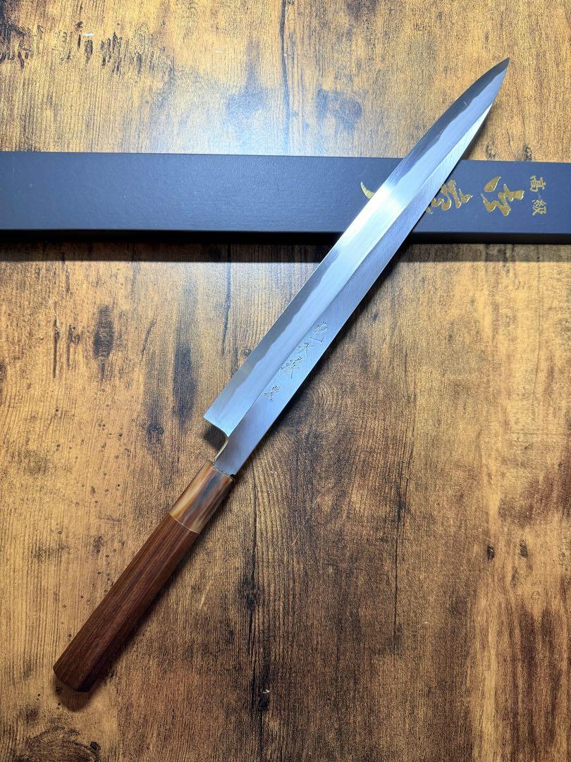 森本光一作　刺身 柳刃　包丁　青鋼　尺一　黒檀水牛八角柄 森本光一作 左用 刺身 柳刃 青鋼 紋鍛錬 尺 紫檀白水牛八角柄