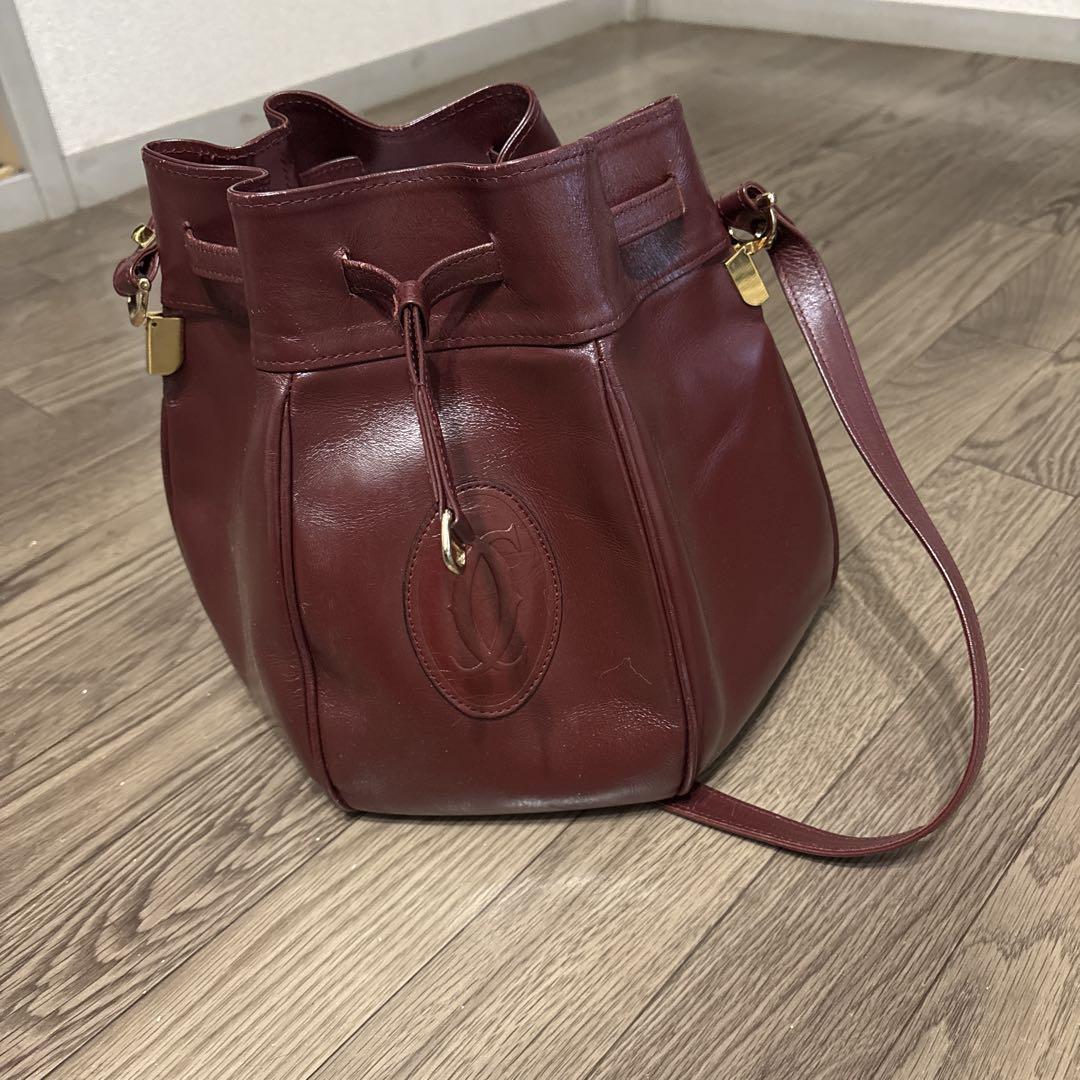希少 オールドカルティエ ボルドー 巾着 must de Cartier カルティエ 巾着レザー ショルダー バック