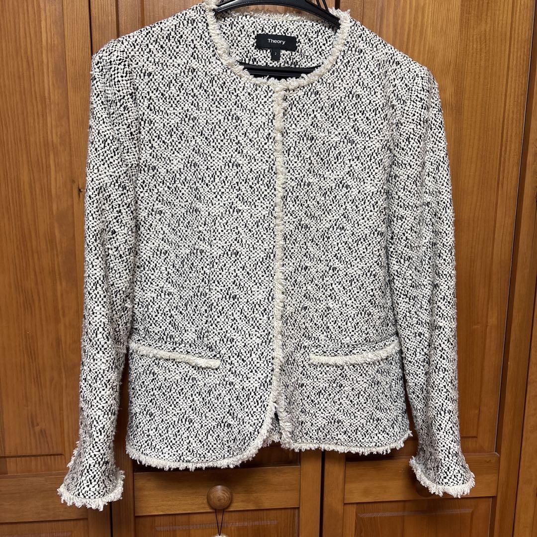 Theory - 【Theory 】ノーカラーツイードジャケット　ブラック×ホワイト　上質　美品 Theory ノーカラージャケット ツイードジャケット（メーカー直売