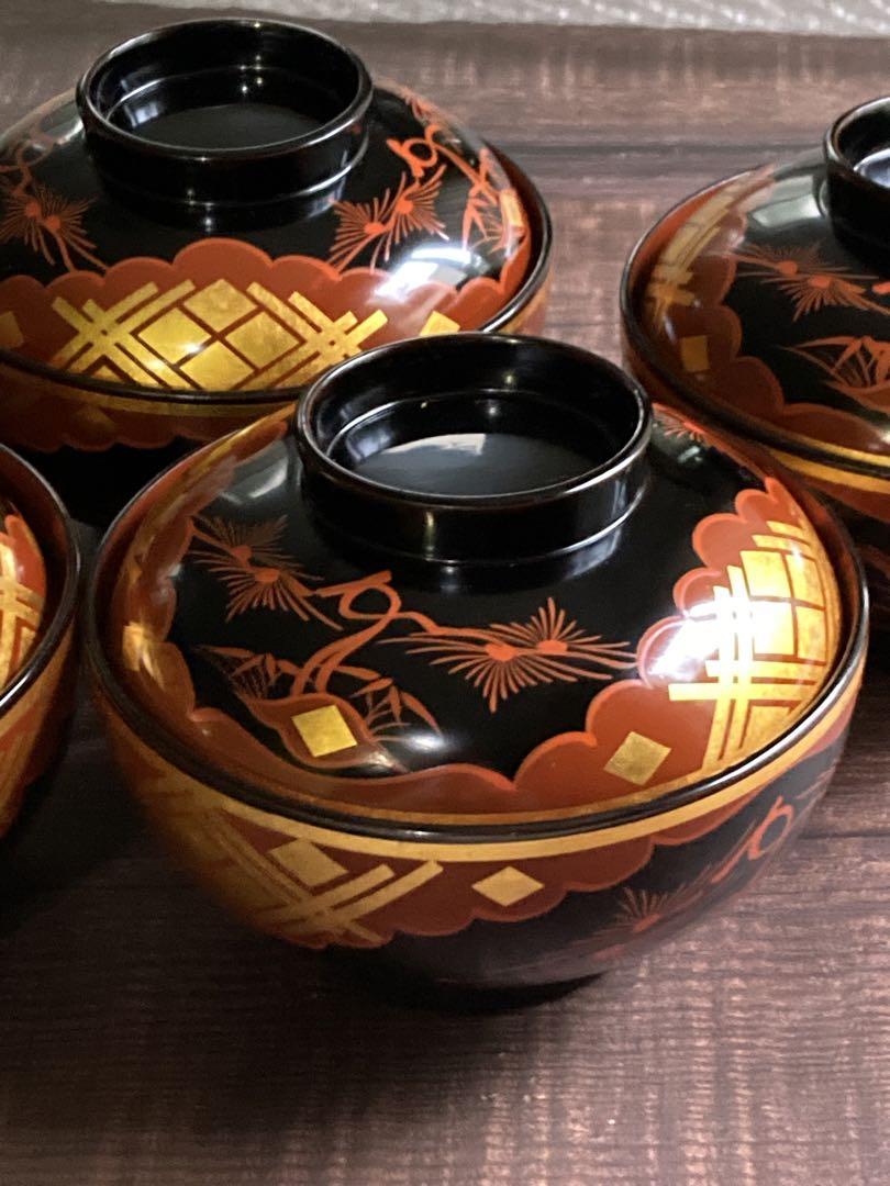 老舗丸三漆器 蓋付き秀衡椀 お雑煮椀 5客 紙箱 （夫婦汁椀 特上
