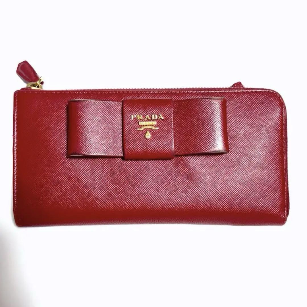 PRADA サフィアーノレザーリボン付き長財布レッド PRADA リボン付き 赤 サフィアーノレザー長財布 (プラダ PRADA