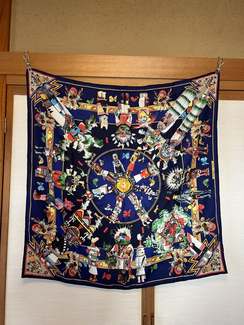 美品]エルメス カレ 90 Kachinas カチナ ブルー シルク スカーフ