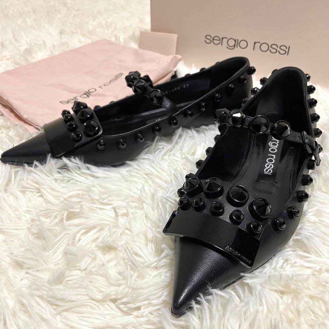 ✨希少✨セルジオロッシ SR1 フラットパンプス レザー ビジュー ブラック ✨希少✨セルジオロッシ SR1 フラットパンプス レザー ビジュー