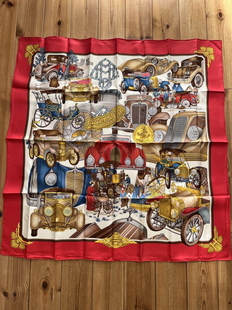 美品　エルメス　シルクスカーフ　カレ90　オートモービル　自動車　赤 美品 エルメス シルクスカーフ カレ90 オートモービル 自動車 赤