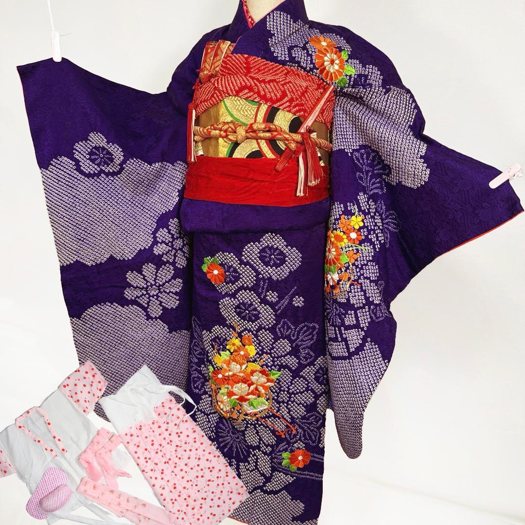 正絹☆本総絞り＋刺繡＋ラインストーン煌めく伝統技術の融合☆七五三用祝い着 最高級】「ふんだんに施された刺繍」 染め分けボカシ 絞り染め