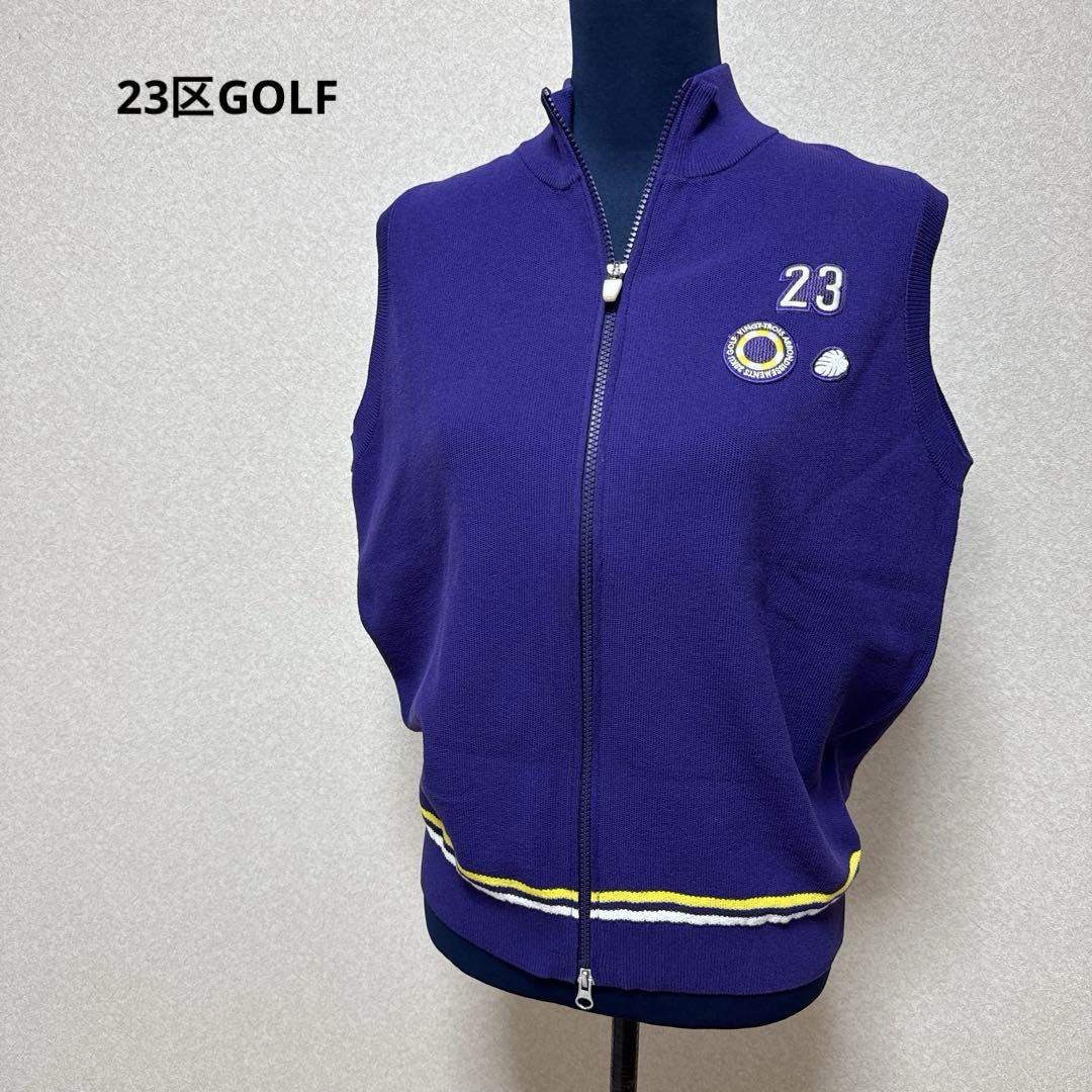 【新品タグ付】23区ゴルフ・ジップアップ　ベスト　パープル　ワッペン付　L 新品タグ付】23区ゴルフ・ジップアップ ベスト パープル