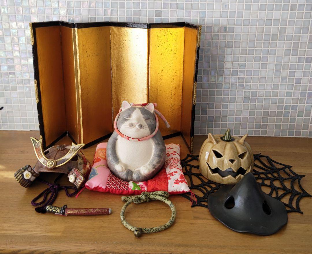 B 瞑想猫サバトラさん(*´∇｀*)    五月節句 兜 ハロウィン  猫の置物 B 瞑想猫サバトラさん(*´∇｀*) 五月節句 兜 ハロウィン 猫の
