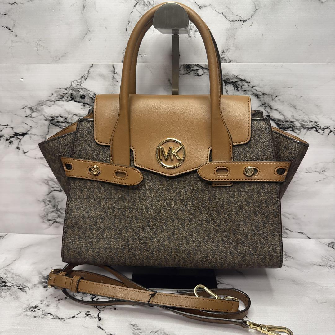 (美品)大人気、マイケルコース、2wayバッグ、人気色、茶、金ロゴ、総柄、シボ革 美品)大人気、マイケルコース、2wayバッグ、人気色、茶、金ロゴ