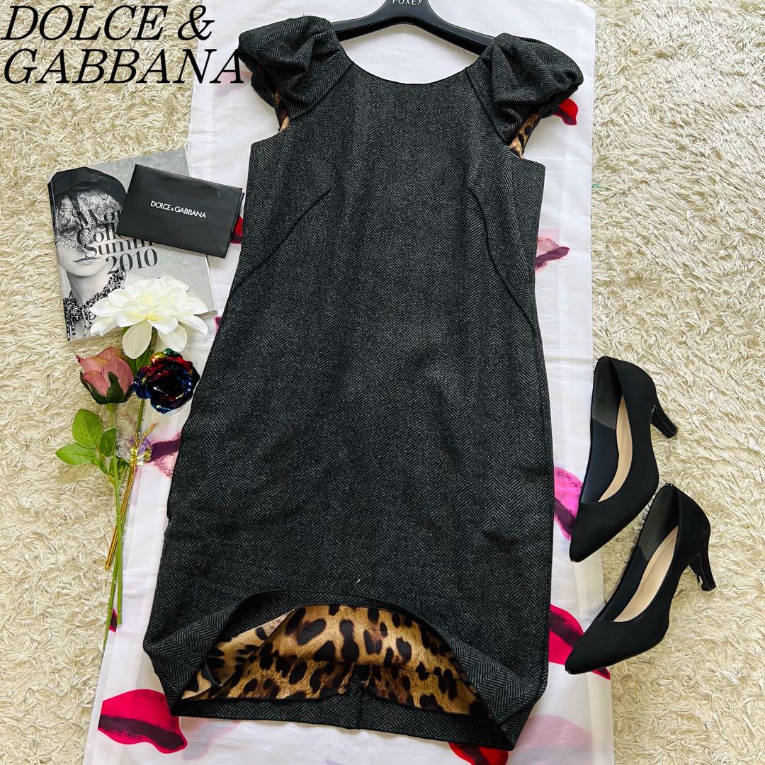 【美品】DOLCE & GABBANA 膝丈ワンピース レオパード グレー 38 美品】DOLCE & GABBANA 膝丈ワンピース レオパード グレー 38