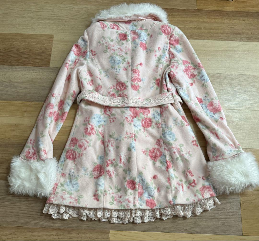 リズリサ　ファー付　花柄コート リズリサ ローズ柄コート リボン バラ 白 （LIZ LISA - リズリサ