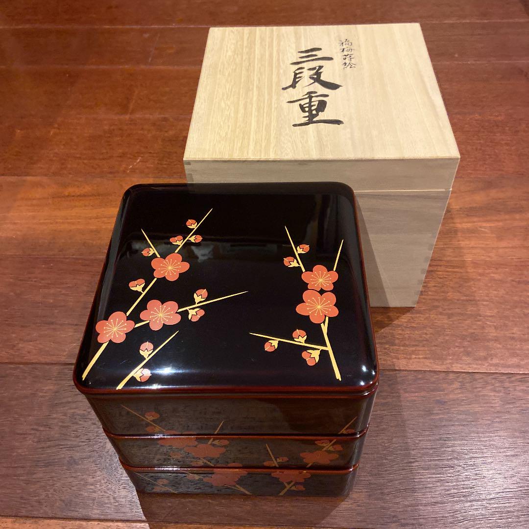 越前漆器　美品　花筏蒔絵　3段重　木製漆塗り 楽天市場】重箱 3段 木製 漆塗り 溜内朱 牡丹 朱沈金 6.5寸 日本