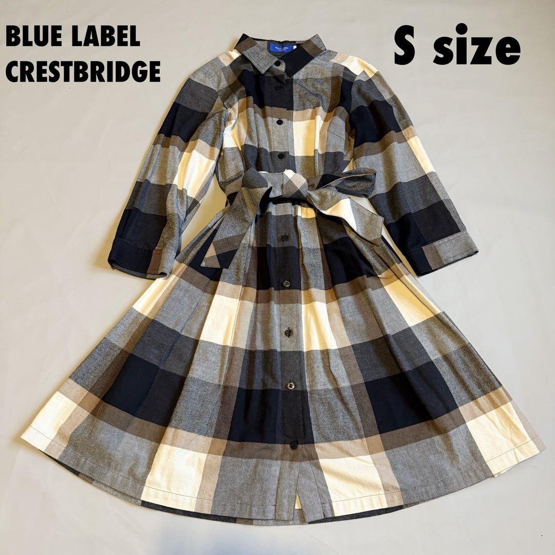 美品ブルーレーベル クレストブリッジパフスリーブ リボンロングワンピース ブルーレーベル クレストブリッジ チェック ロング ワンピース