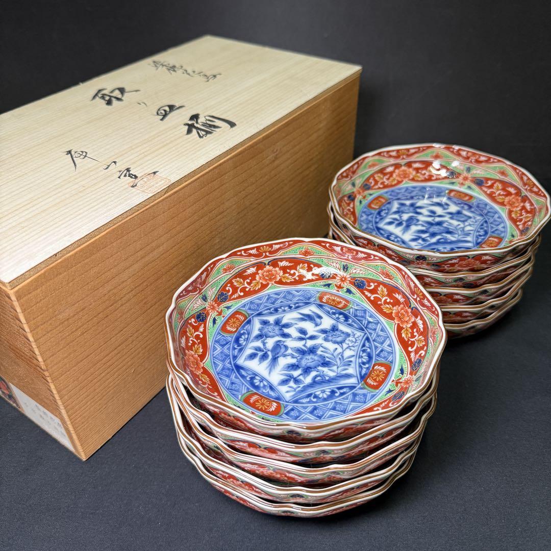 美濃焼 前畑陶器 庫山窯 染錦花鳥 取り皿揃 10枚 共箱【無傷