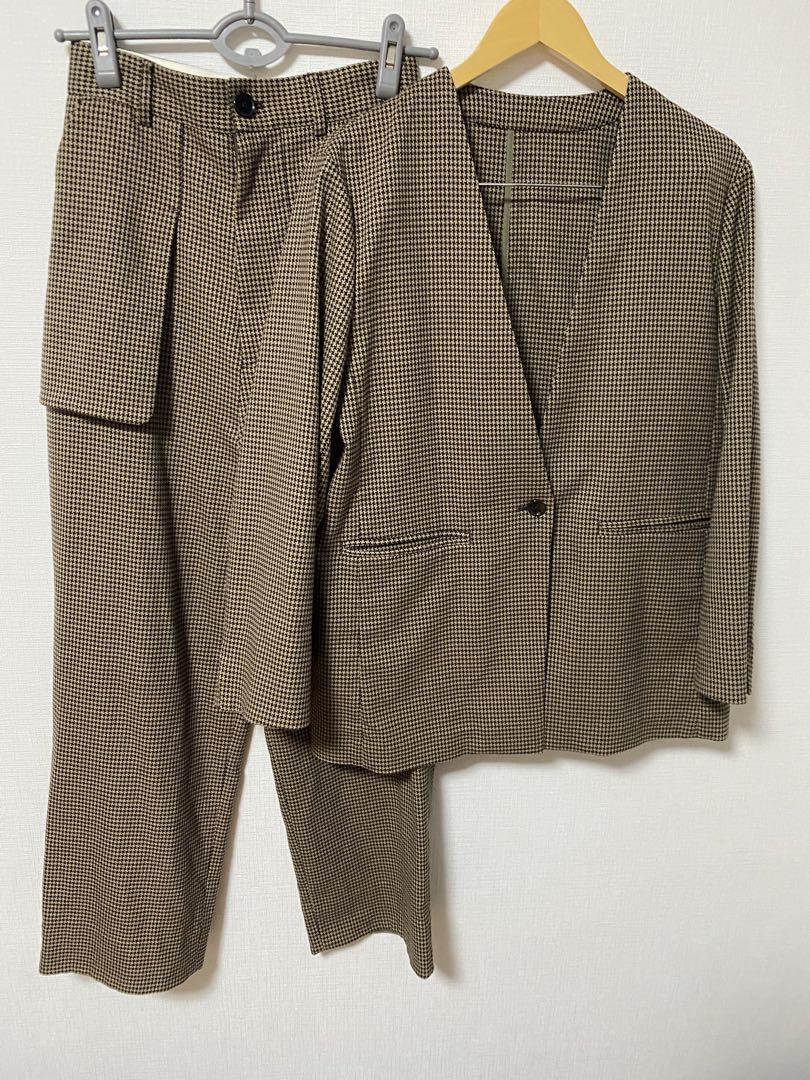 【美品】Johnbull セットアップジャケット＆パンツダブルボタン ブラウン クロップドジャケット&ダブルベルト付スラックス | レディース