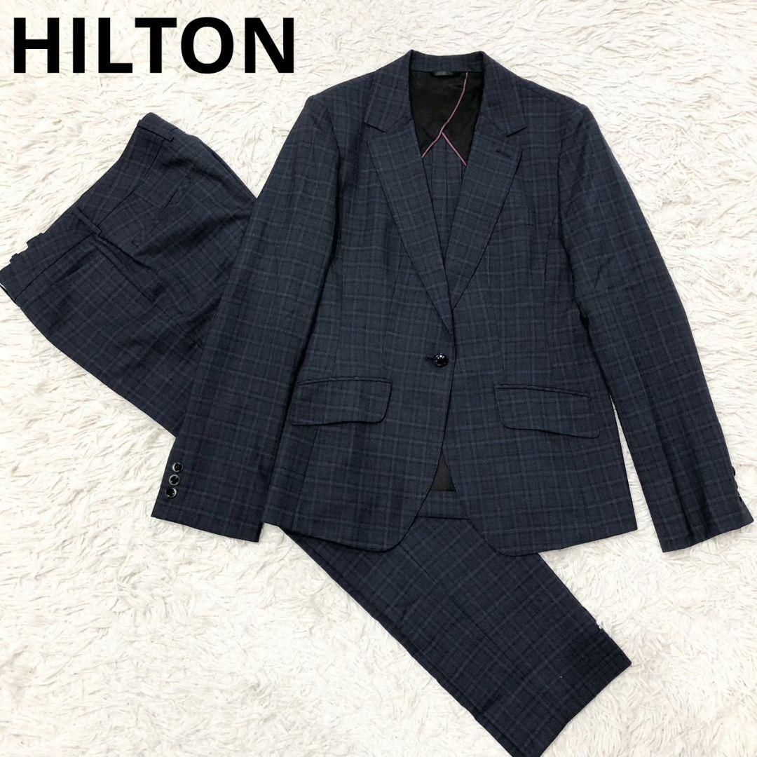HILTON パンツ スーツ セットアップ チェック ネイビー 11号 〇 HILTON レディーススーツ パンツスーツ セットアップ