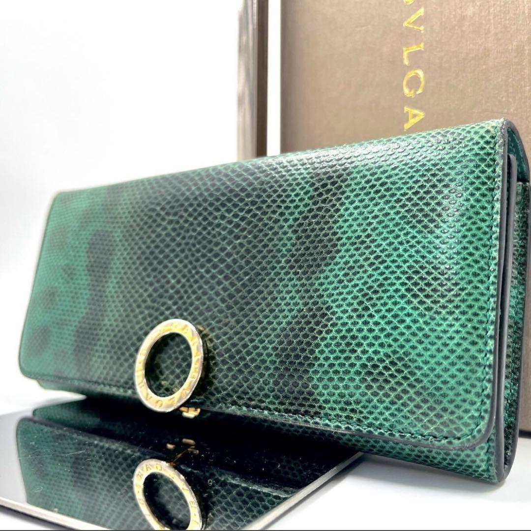 【美品 付属品完備】ブルガリ 長財布 ロゴ 金具 パイソン エメラルド レザー 美品 付属品完備】ブルガリ 長財布 ロゴ 金具 パイソン