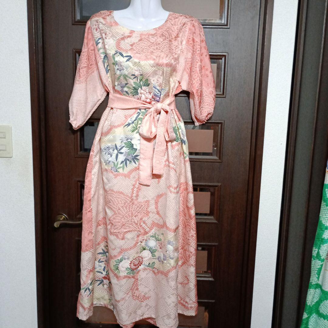 美品、振袖、着物リメイク、花柄ピンク半袖ロングワンピース、総絞り正絹 美品、振袖、着物リメイク、花柄ピンク半袖ロングワンピース、総