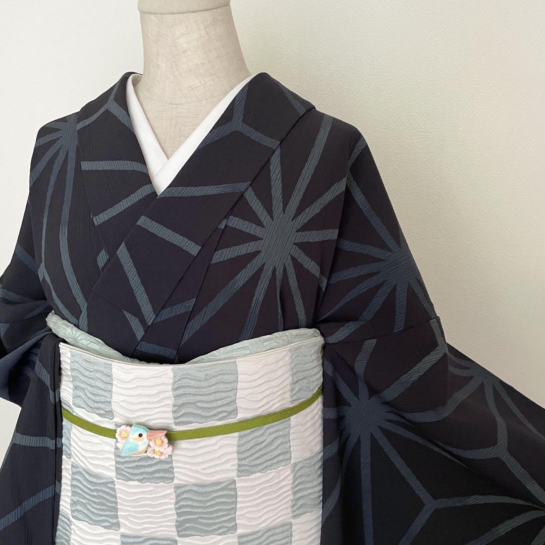 撫松庵セオα 浴衣夏着物兼用洗えるポリエステル墨黒着物 トール