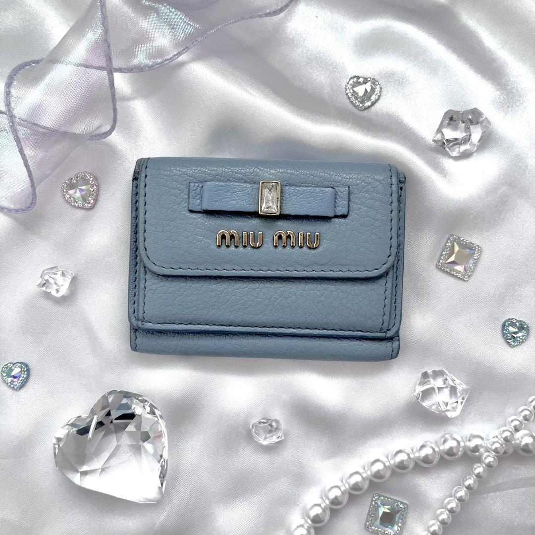 miu miu ミュウミュウ 三つ折り財布 リボン ライトブルー 韓国っ