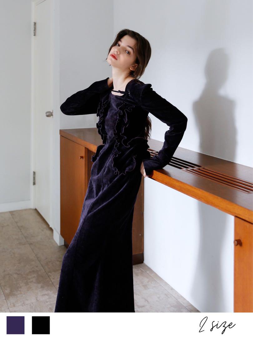 即完売】belted velour frill onepiece オケージョン