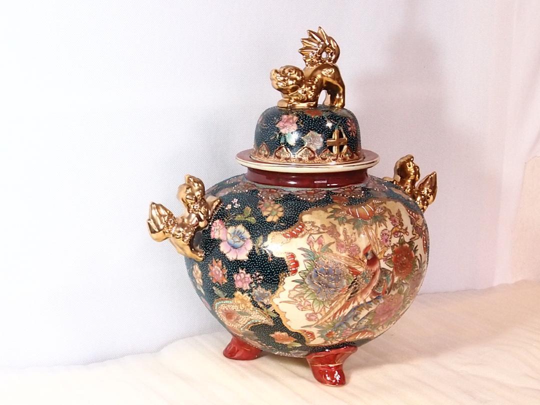 【希少・良品】薩摩焼 青粒金彩 花鳥図 大香炉 陶磁器 古道具/茶道具/香道具 希少・良品】薩摩焼 青粒金彩 花鳥図 大香炉 陶磁器 古道具