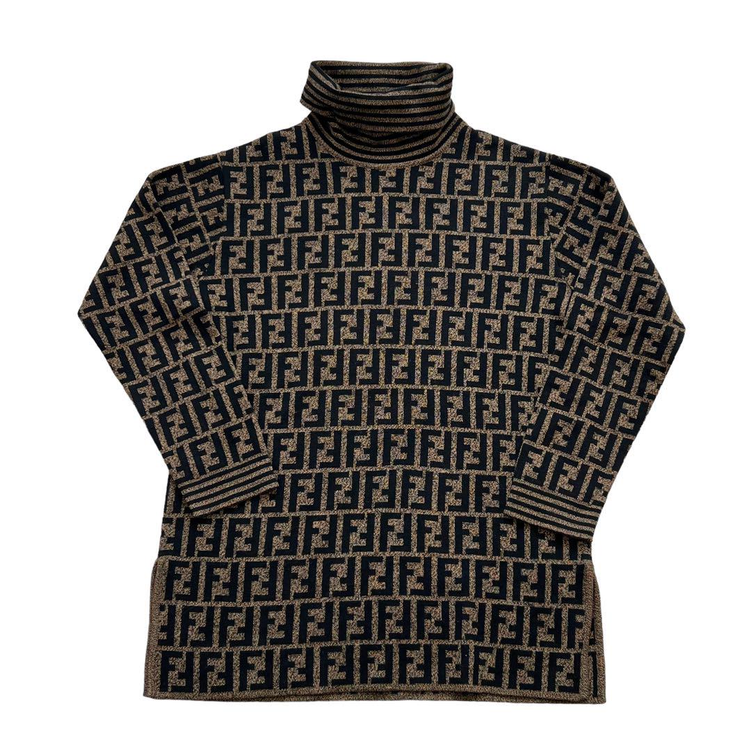 FENDI フェンディ　タートルニット　ズッカ柄 フェンディFENDI ズッカ柄切替タートルネックニット ベージュ黒